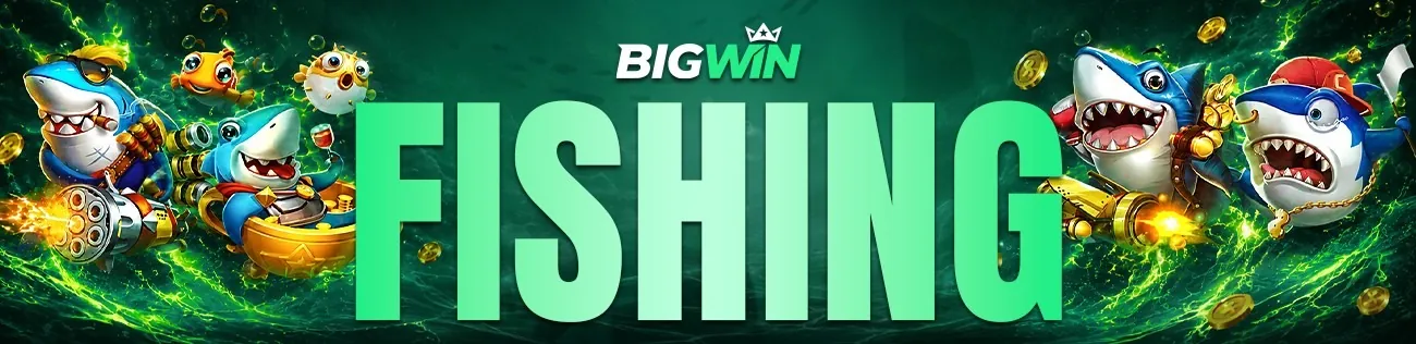BIGWIN fishing games banner with sharks and cannons